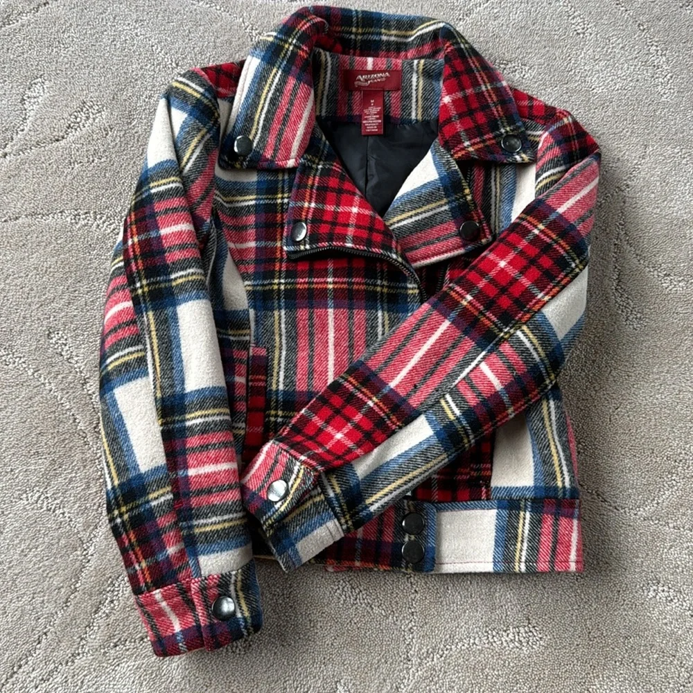 Girls Plaid Fall Jacket Size 8, Arizona Jeans Brand, Zipper & Snap Closures.